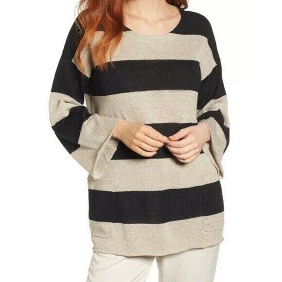 Eileen Fisher Tunic Sweater S Black Beige Striped Organic Linen Pocket Lagenlook - Picture 1 of 12